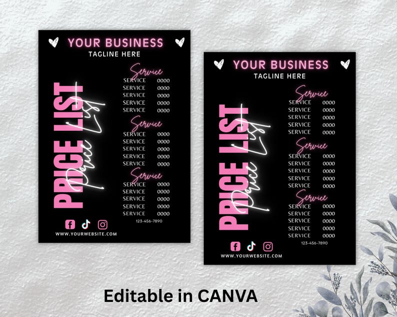 Może przedstawiać: Szablon listy cenowej w kolorze czarnym i r&oacute;żowym dla firmy. Szablon zawiera tekst "YOUR BUSINESS" i "TAGLINE HERE" u g&oacute;ry. Tekst "PRICE LIST" znajduje się w dużych r&oacute;żowych literach po lewej stronie szablonu. Szablon zawiera listę usług i cen. Szablon zawiera r&oacute;wnież ikony medi&oacute;w społecznościowych i adres strony internetowej.