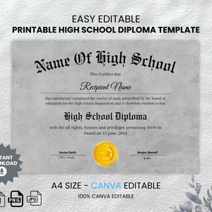 Printable High School Diploma Template, Home School Diploma, High School Diploma, Diploma Replica Template, Digital Download, Canva Template