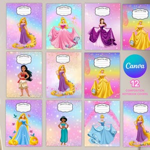 Op de afbeelding: Twaalf omslagen van compositieboeken met Disney-prinsessen. Elke omslag heeft een andere prinsessenillustratie, tegen een pastelkleurige achtergrond met glitteraccenten. De notitieboeken hebben een label bovenaan met de tekst "COMPOSITION BOOK".