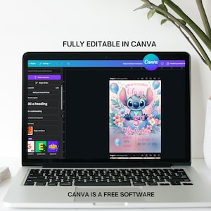 May include: A laptop displays a birthday invitation template featuring the character Stitch. The invitation is in pink and blue with floral accents and the text "Olivia 5th Birthday." The screen also shows the Canva editing interface. The text "FULLY EDITABLE IN CANVA" and "CANVA IS A FREE SOFTWARE" are visible.