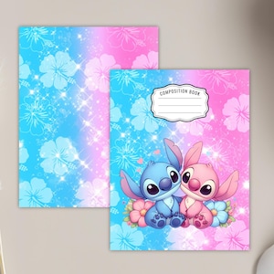 May include: Composition book with a blue and pink floral design and glitter. The cover features a cartoon illustration of Stitch and Angel. The top of the cover reads "COMPOSITION BOOK".