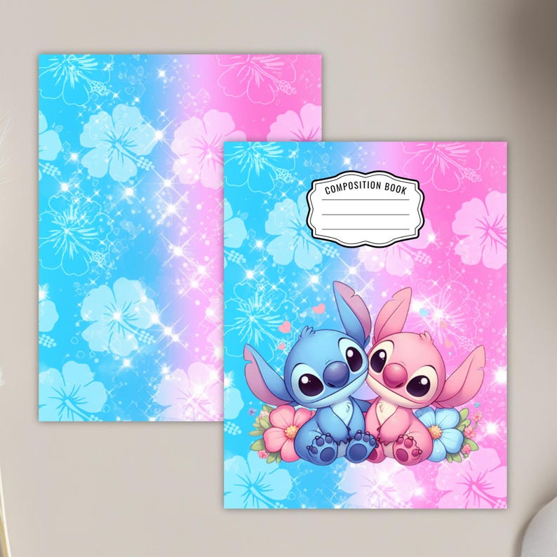 May include: Composition book with a blue and pink floral design and glitter. The cover features a cartoon illustration of Stitch and Angel. The top of the cover reads "COMPOSITION BOOK".