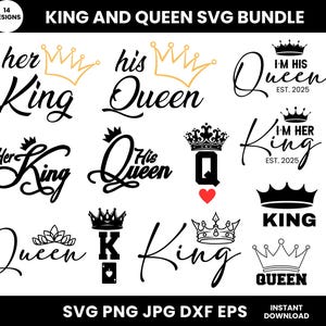Könnte beinhalten: Ein Set mit 14 Schwarzweiß-SVG-Designs mit den Wörtern "König" und "Königin" mit Kronen und anderen dekorativen Elementen. Die Designs beinhalten Sätze wie "Ihr König", "Sein Königin", "Ich bin ihr König" und "Ich bin sein Königin".