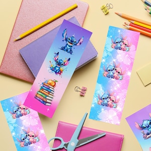 May include: Bookmarks featuring the character Stitch from Lilo & Stitch. The bookmarks have colorful watercolor designs with Stitch in various poses. Other bookmarks show Stitch with Angel. A pencil, scissors, and a notebook are also in the image.