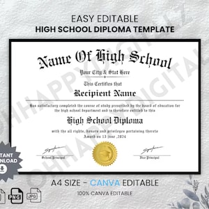 Editable High School Diploma Template: Canva Customizable (Digital Download)
