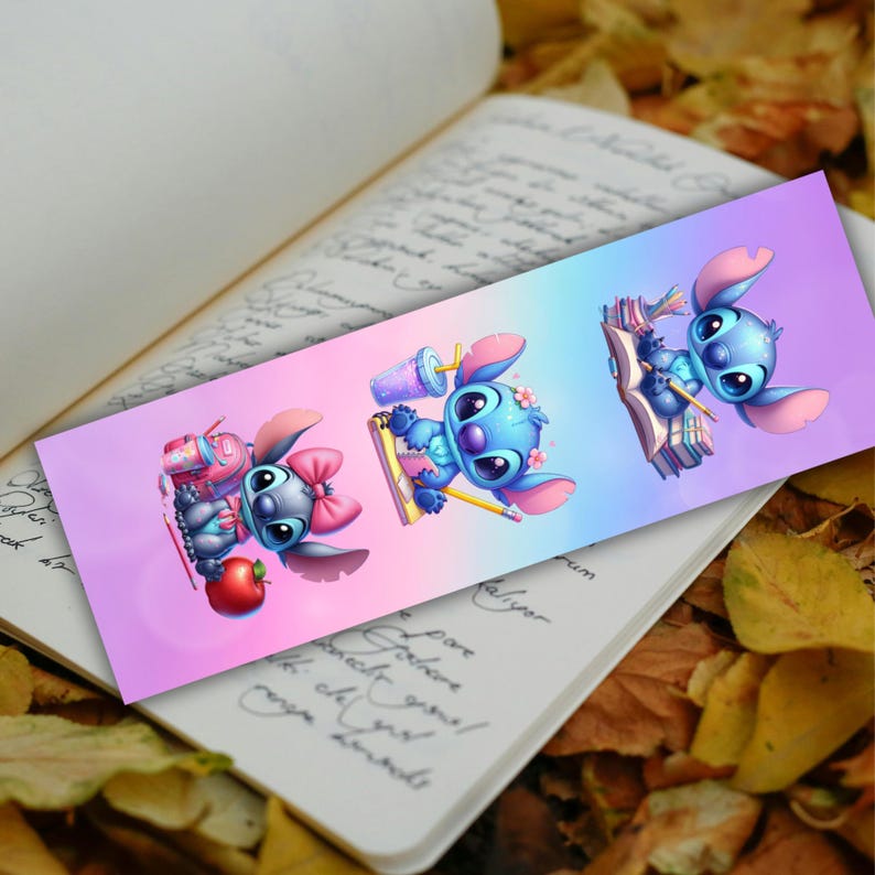 May include: A bookmark featuring the character Stitch from Lilo & Stitch. The bookmark has a gradient background of pink, purple, and blue. Stitch is depicted in three different poses, holding school supplies and a drink. The bookmark is on top of an open book.