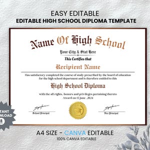 Editable High School Diploma Template, Home School Diploma, High School Diploma, Diploma Replica Template, Digital Download, Canva Template