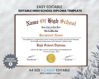 Editable High School Diploma Template: Canva (Digital Download)