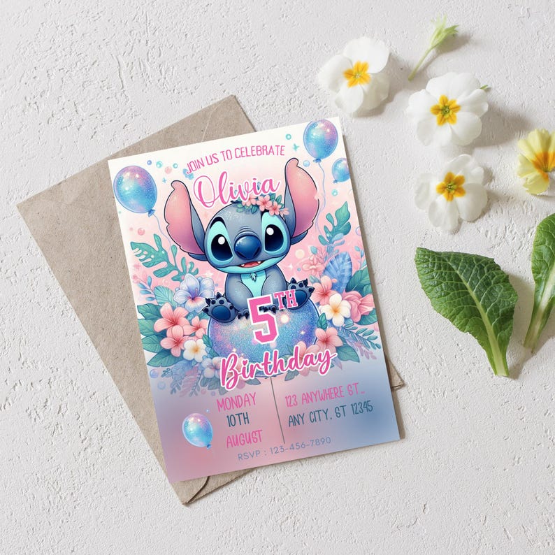 May include: A birthday invitation featuring a cartoon character, Stitch, surrounded by flowers and balloons. The invitation is pink and blue, with the text "Join us to celebrate Olivia's 5th Birthday."