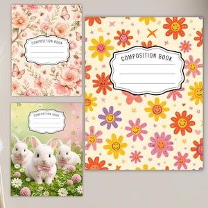 K&ouml;nnte beinhalten: Drei Notizb&uuml;cher mit unterschiedlichen Einb&auml;nden: einer mit rosa Blumen und Schmetterlingen, einer mit gelbem Hintergrund und l&auml;chelnden bunten Blumen und einer mit drei wei&szlig;en Kaninchen auf einem Feld mit Klee und rosa Bl&uuml;ten.