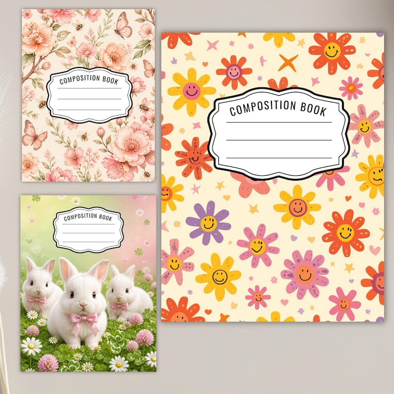 K&ouml;nnte beinhalten: Drei Notizb&uuml;cher mit unterschiedlichen Einb&auml;nden: einer mit rosa Blumen und Schmetterlingen, einer mit gelbem Hintergrund und l&auml;chelnden bunten Blumen und einer mit drei wei&szlig;en Kaninchen auf einem Feld mit Klee und rosa Bl&uuml;ten.