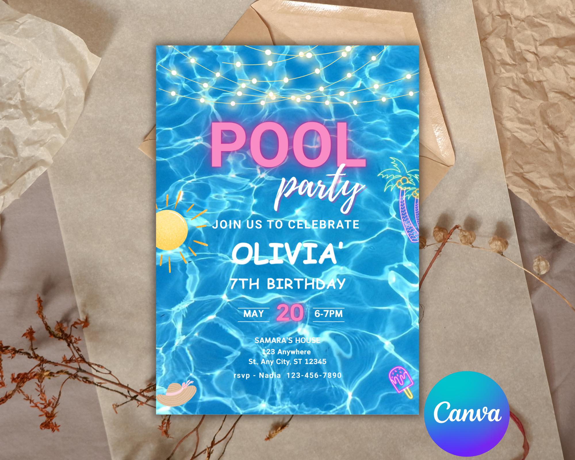 Editable Pool Party Birthday Invitation: Summer Poolside Template ...