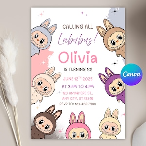 Invito per la festa di compleanno di Labubu, modello di invito per la festa di compleanno di Labubu, invito stampabile, modello modificabile Canva, download immediato