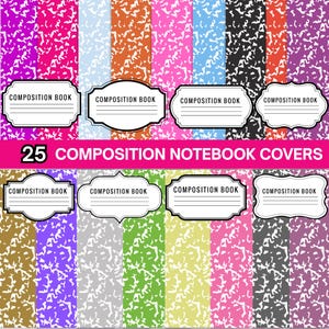 May include: A collection of 25 composition notebook covers featuring a classic speckled pattern in various colors including pink, orange, blue, black, green, and purple. Each cover includes a white label with the text COMPOSITION BOOK.