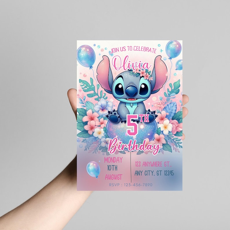May include: A birthday invitation featuring a cartoon character, Stitch, surrounded by flowers and balloons. The invitation is for Olivia's 5th birthday and includes the date, time, and RSVP information. The color scheme is pastel pink and blue.