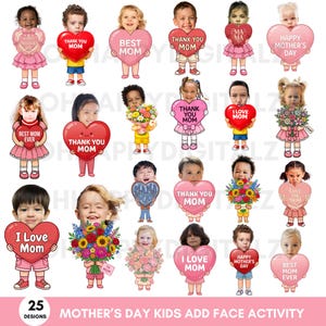 Könnte beinhalten: Eine Sammlung von 25 digitalen Designs zum Muttertag, die Kinder mit herzförmigen Schildern mit Botschaften wie "Danke Mama" und "Ich liebe Mama" zeigen. Die Designs zeigen Kinder mit Blumensträußen und Kleidern.