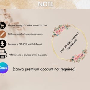 May include: A digital download graphic with instructions on how to use Canva to edit and print a design. The graphic features a shopping cart, a pencil, a download arrow, a printer, and a Canva logo. The text reads "EASY TO USE / INSTANT DOWNLOAD" and "(canva premium account not required)".