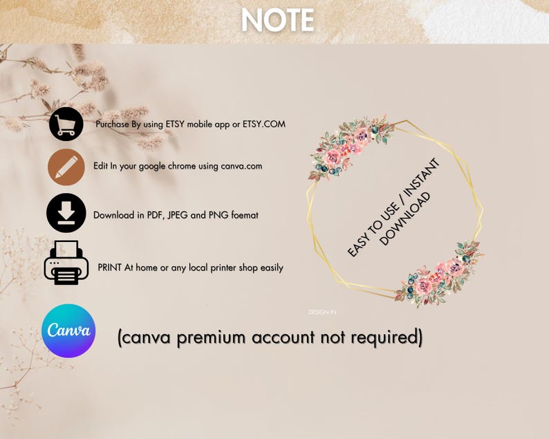 May include: A digital download graphic with instructions on how to use Canva to edit and print a design. The graphic features a shopping cart, a pencil, a download arrow, a printer, and a Canva logo. The text reads "EASY TO USE / INSTANT DOWNLOAD" and "(canva premium account not required)".