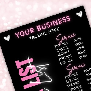 Może przedstawiać: Czarno-r&oacute;żowy znak z tekstem "YOUR BUSINESS TAGLINE HERE" i listą usług z cenami. Znak ma r&oacute;żowy efekt neonowy.