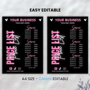 Może przedstawiać: Dwa czarne i r&oacute;żowe, drukowalne szablony list cenowych z tekstem "YOUR BUSINESS" i "TAGLINE HERE" u g&oacute;ry. Tekst "PRICE LIST" jest dużymi, r&oacute;żowymi literami z r&oacute;żowym neonowym obramowaniem. Szablony zawierają listę usług z cenami w postaci "SERVICE 0000".