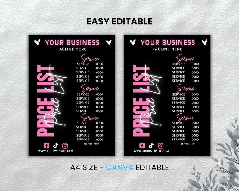 Może przedstawiać: Dwa czarne i r&oacute;żowe, drukowalne szablony list cenowych z tekstem "YOUR BUSINESS" i "TAGLINE HERE" u g&oacute;ry. Tekst "PRICE LIST" jest dużymi, r&oacute;żowymi literami z r&oacute;żowym neonowym obramowaniem. Szablony zawierają listę usług z cenami w postaci "SERVICE 0000".