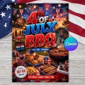 Op de afbeelding: Een flyer voor een 4 juli barbecue in rood, wit en blauw. De tekst luidt 4th of July BBQ, Good Friends Great Food Good Times, Food Fun Fireworks en Thursday July 4th from 4pm. De afbeelding toont hamburgers, hotdogs en vuurwerk op de achtergrond.