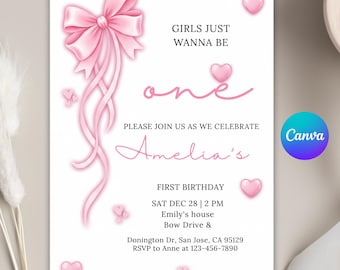 Faire-part premier anniversaire modifiable avec noeud rose, invitation de noeud aquarelle coquette mignon, faire-part d'anniversaire fille, invitation animation coquette