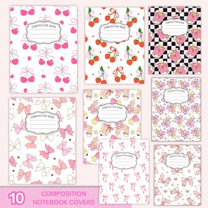 May include: A collection of eight composition notebooks featuring various patterns including pink cherries, red strawberries, black and white checkered prints with bows, pastel bows, rainbows with pencils, and floral motifs, each with a central label.