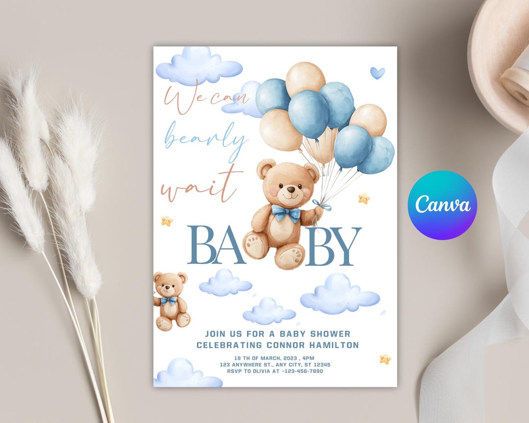 Blue Boho Teddy Bear Baby Shower Invitation (editable Canva Template ...
