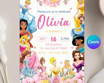 Invito di compleanno modificabile per principessa: modello per feste Canva (5x7 pollici, download digitale)