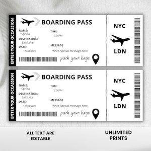 May include: Two black and white printable boarding passes with the text "BOARDING PASS" and "NYC LDN" on each. The text "ENTER YOUR OCCASSION" is on the left side of each pass. The text "ALL TEXT ARE EDITABLE" and "UNLIMITED PRINTS" are at the bottom of the image.