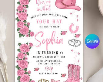 Invitación editable de cumpleaños de vaquera, invitación rosa para fiesta de cumpleaños del oeste, invitación para vaquera campestre, fiesta temática del oeste, plantilla de Canva