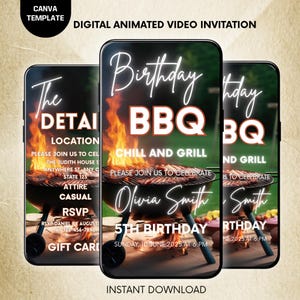 May include: Digital animated video invitation for a 5th birthday BBQ. The design features a barbecue grill with flames, the text "Birthday BBQ Chill and Grill", and event details. The invitation is available for instant download.
