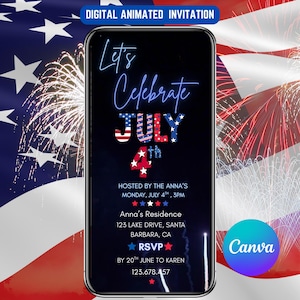 Editable July 4th Invitation With Fireworks, Digital Independence Day Party Invite, Animated BBQ Invite, Bonfire Celebration, DIY Template
