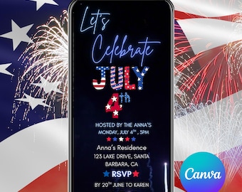 Editable July 4th Invitation With Fireworks, Digital Independence Day Party Invite, Animated BBQ Invite, Bonfire Celebration, DIY Template