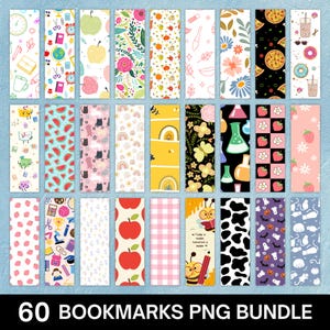 May include: A collection of 60 colorful bookmarks with various designs, including apples, flowers, cats, and pizza. Some bookmarks feature text, and the overall theme is school and fun. The image includes the text "60 BOOKMARKS PNG BUNDLE".