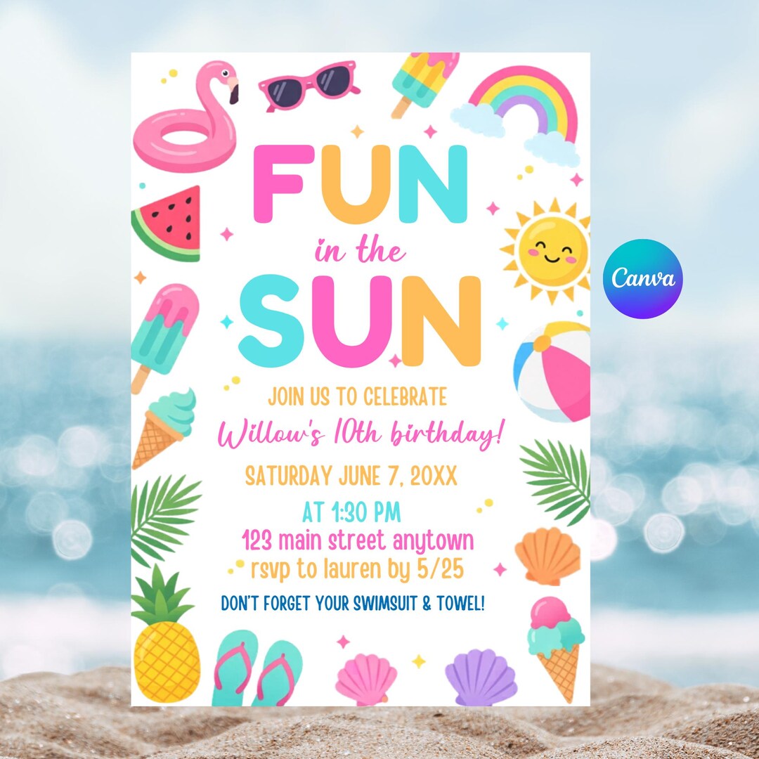 Fun in the Sun Birthday Invitation, Beach Theme Kids Party Invite ...