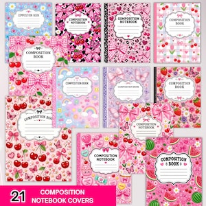 May include: A collection of twelve composition notebooks featuring various colourful patterns including cherries, bows, butterflies, rainbows, and hearts. Each notebook has a central white label with the text Composition Book or Notebook.