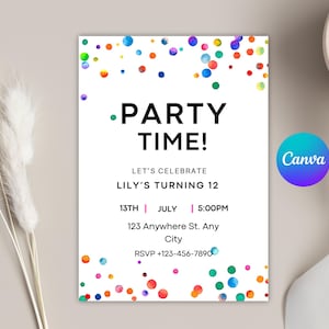 Modèle d'invitation d'anniversaire modifiable de confettis colorés, fête d'anniversaire colorée, confettis colorés pour l'anniversaire d'enfants, modèle d'invitation