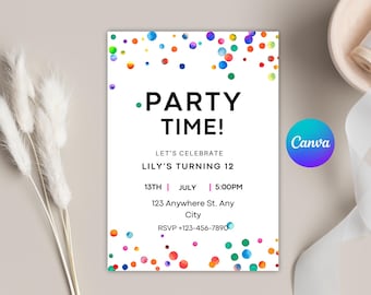 Pode incluir: Um convite de festa colorido com confete e o texto "•PARTY TIME! LET'S CELEBRATE LILY'S TURNING 12 13TH JULY | 5:00PM 123 Anywhere St. Any City RSVP +123-456-7890"