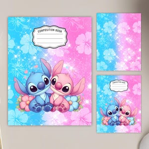 May include: Composition book and two smaller notebooks with a blue and pink design featuring cartoon characters. The design includes a blue and pink background with floral accents and the text "COMPOSITION BOOK".