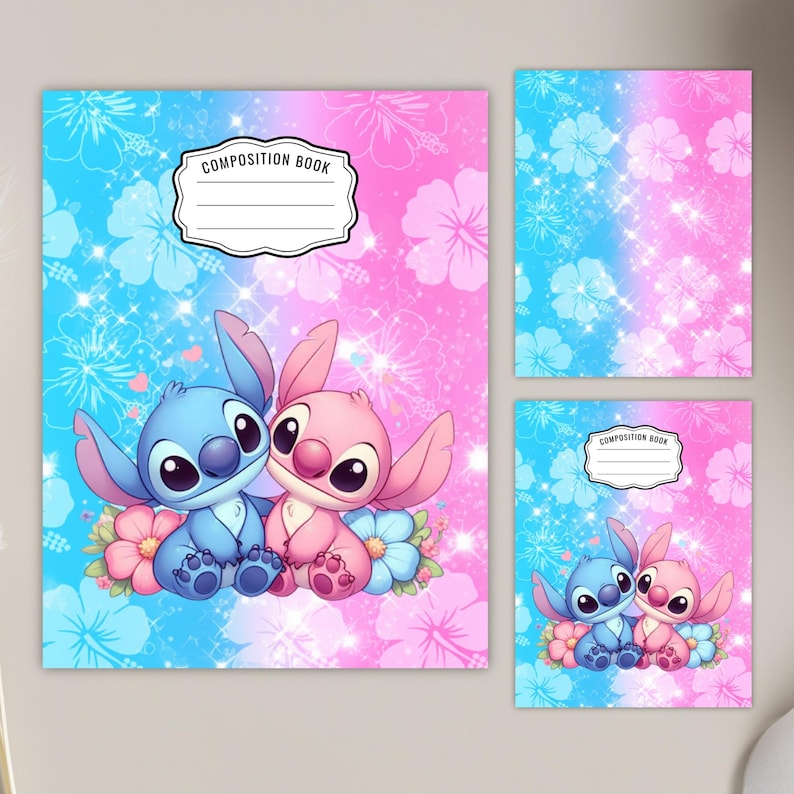 May include: Composition book and two smaller notebooks with a blue and pink design featuring cartoon characters. The design includes a blue and pink background with floral accents and the text "COMPOSITION BOOK".