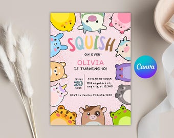 Editable Squishmallow Birthday Invitation: Girl Party, Canva Template (5x7 inches)