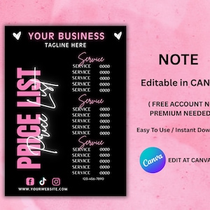 Może przedstawiać: Czarno-r&oacute;żowy szablon drukowanej listy cenowej dla firmy. Szablon zawiera r&oacute;żowe serce, tekst "YOUR BUSINESS" i tekst "TAGLINE HERE". Szablon zawiera r&oacute;wnież r&oacute;żową listę cenową z tekstem "PRICE LIST" i tekstem "Price List" napisanym kursywą. Szablon zawiera listę usług z cenami. Szablon zawiera r&oacute;wnież ikony medi&oacute;w społecznościowych i adres strony internetowej. Szablon można edytować w Canva.
