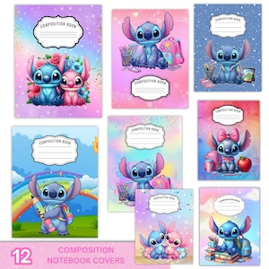 May include: A set of 12 composition notebook covers featuring Stitch and Angel. Each cover has a unique design with vibrant colours, including pink, blue, and purple. The notebooks have a white label that says "COMPOSITION BOOK".