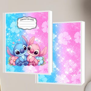 May include: Two composition notebooks with a blue and pink floral design. The front cover features a blue and pink cartoon character couple. The notebooks have the words "COMPOSITION BOOK" on the top.