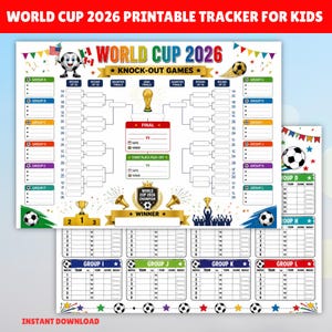 May include: A printable World Cup 2026 tracker for kids featuring a tournament bracket, knock-out games, and group stage score sheets. The design includes colourful bunting, footballs, a gold trophy, and text reading World Cup 2026.