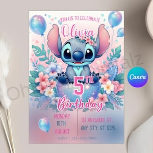 Stitch Birthday Invitation Template: Editable Canva Party Invite (5x7 inches) (Digital Download) image 1
