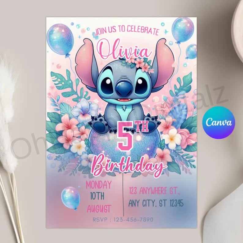 Stitch Birthday Invitation Template: Editable Canva Party Invite (5x7 inches) (Digital Download) image 1