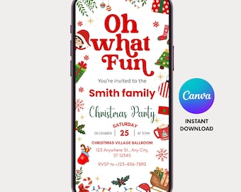May include: A smartphone screen displays a Christmas party invitation. The invitation features the text "Oh what Fun" in red, along with festive graphics like a Christmas tree, ornaments, and a Santa hat. The invitation is for the Smith family.
